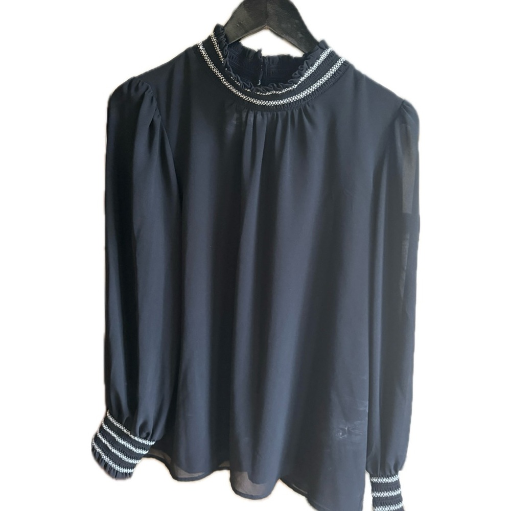 Karl Lagerfeld Blue Ruffled Blouse with Mandarin Collar